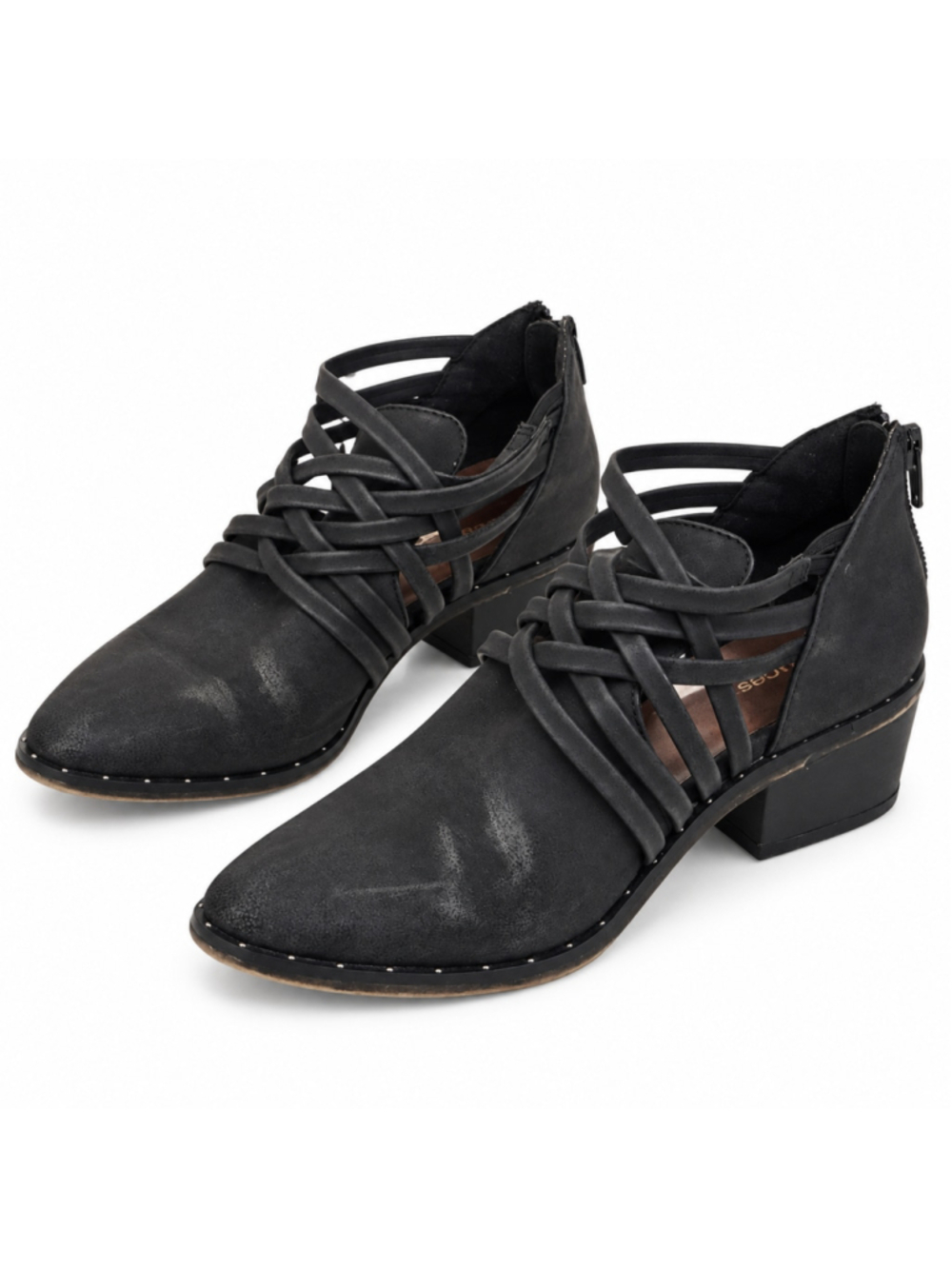 Maurices Womens Black Strappy Caged Ankle Booties Size 6.5 Block Heel Zip